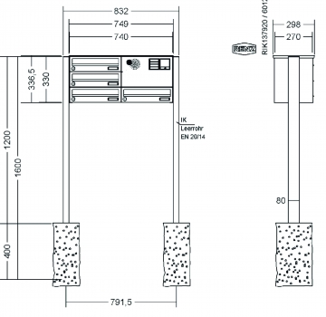 RENZ Briefkastenanlage freistehend, Verkleidung Basic B, Kastenformat 370x110x270mm, 4-teilig, Vorbereitung Gegensprechanlage